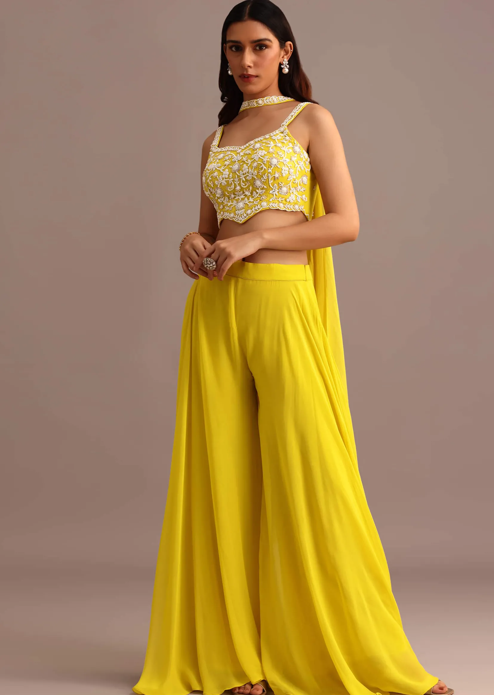 Yellow Embellished Croptop Palazzo Set With Dupatta