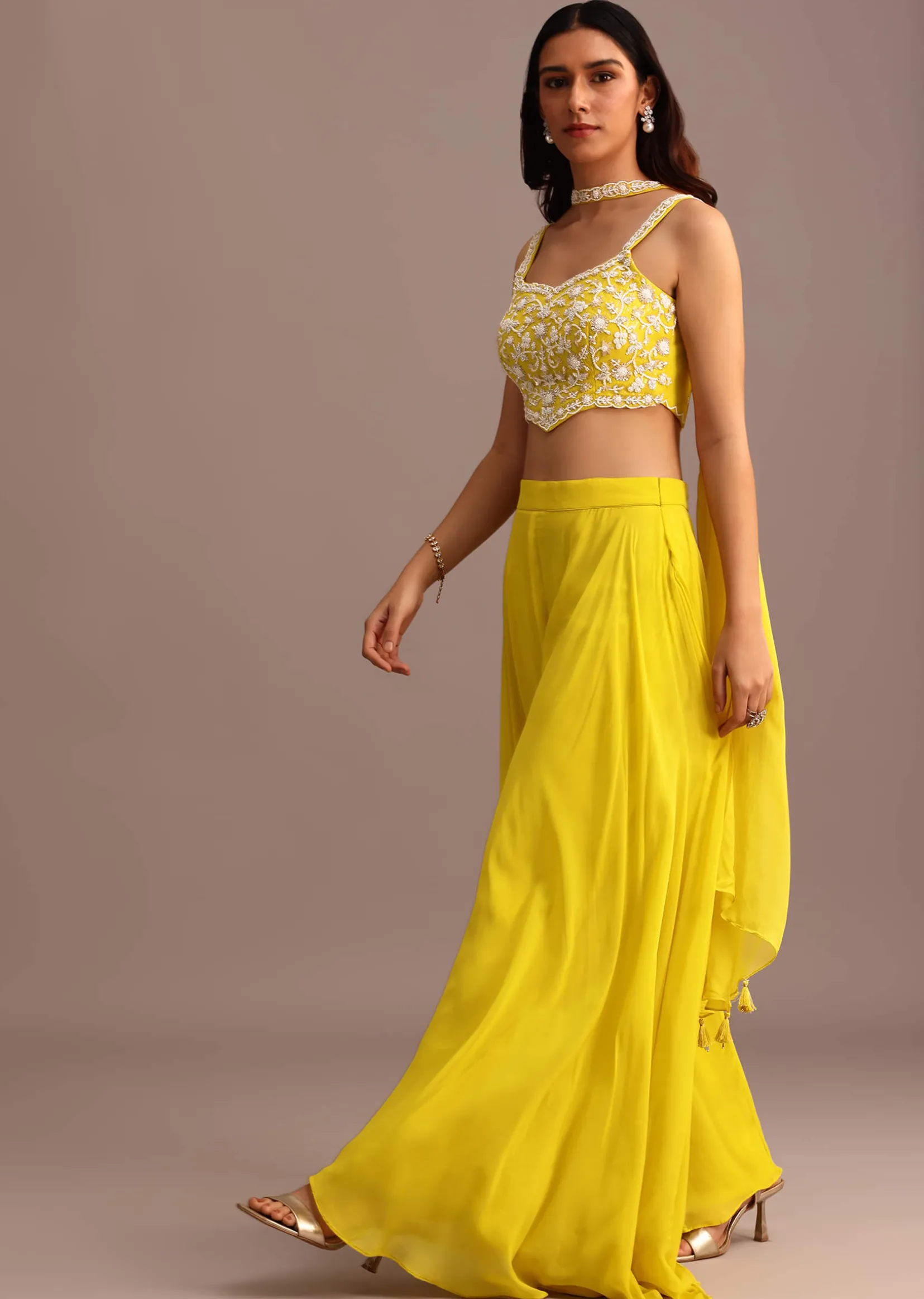 Yellow Embellished Croptop Palazzo Set With Dupatta