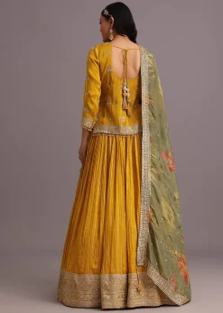Yellow Embellished Kurta Lehenga With Printed Dupatta