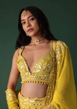Yellow Embroidered Bridal Lehenga And Blouse Set With Mirror Work