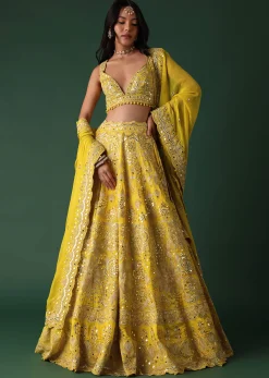 Yellow Embroidered Bridal Lehenga And Blouse Set With Mirror Work