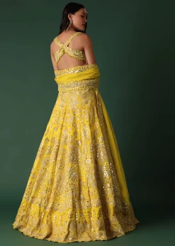 Yellow Embroidered Bridal Lehenga And Blouse Set With Mirror Work