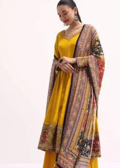 Yellow Embroidered Crepe Kurta Palazzo Set
