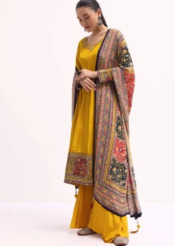 Yellow Embroidered Crepe Kurta Palazzo Set