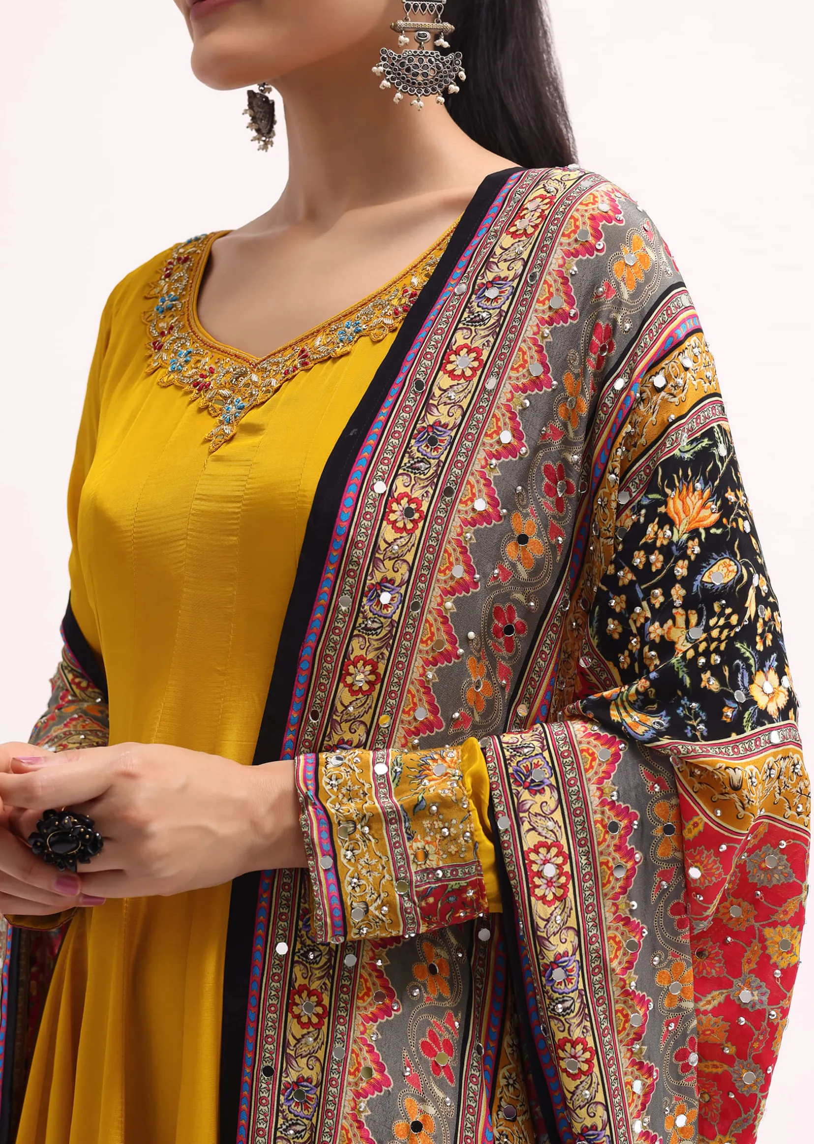 Yellow Embroidered Crepe Kurta Palazzo Set