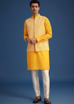 Yellow Embroidered Jacket And Kurta Set In Silk