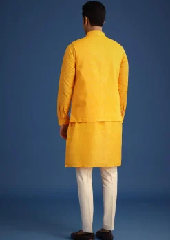 Yellow Embroidered Jacket And Kurta Set In Silk
