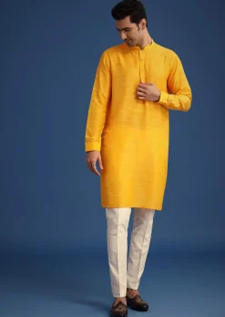 Yellow Embroidered Jacket And Kurta Set In Silk
