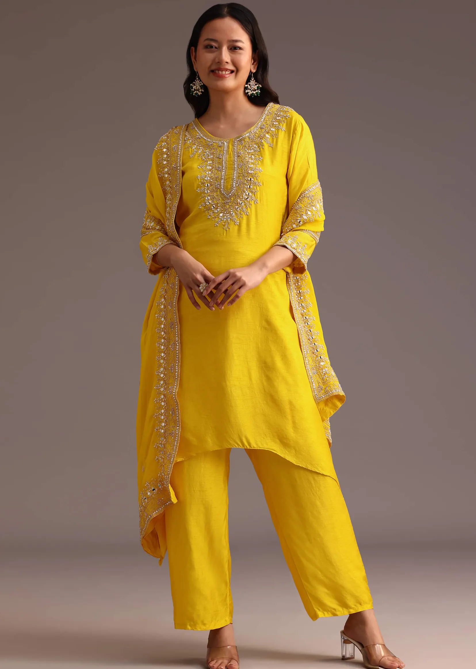 Yellow Embroidered Kurta Set With Chanderi Dupatta
