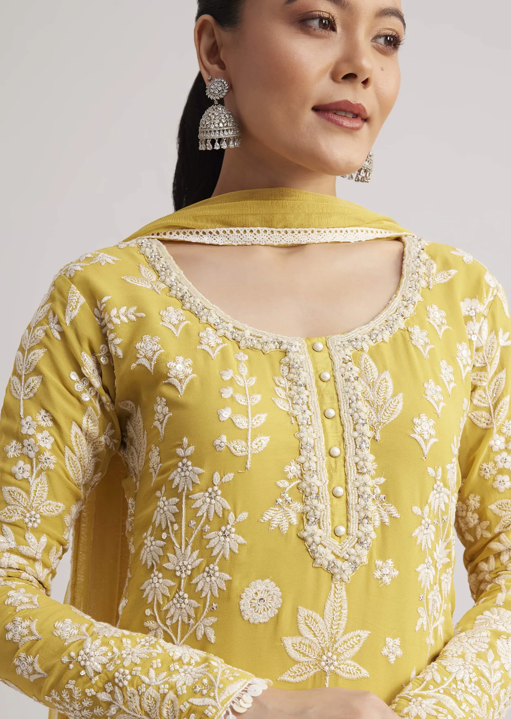 Yellow Embroidered Kurta Pant And Dupatta Set