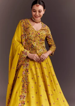 Yellow Embroidered Lehenga Set With Short Kurta And Dupatta
