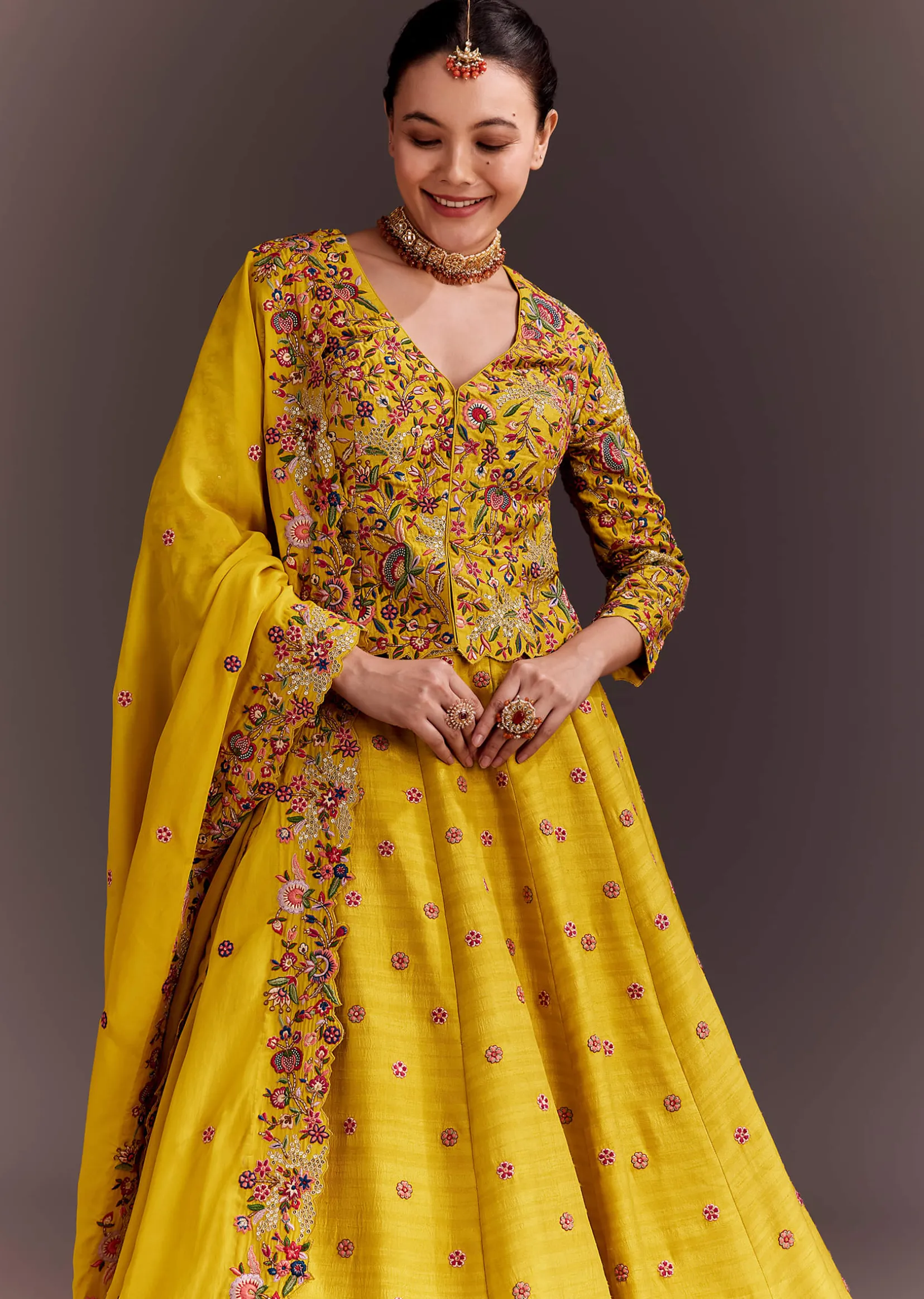 Yellow Embroidered Lehenga Set With Short Kurta And Dupatta