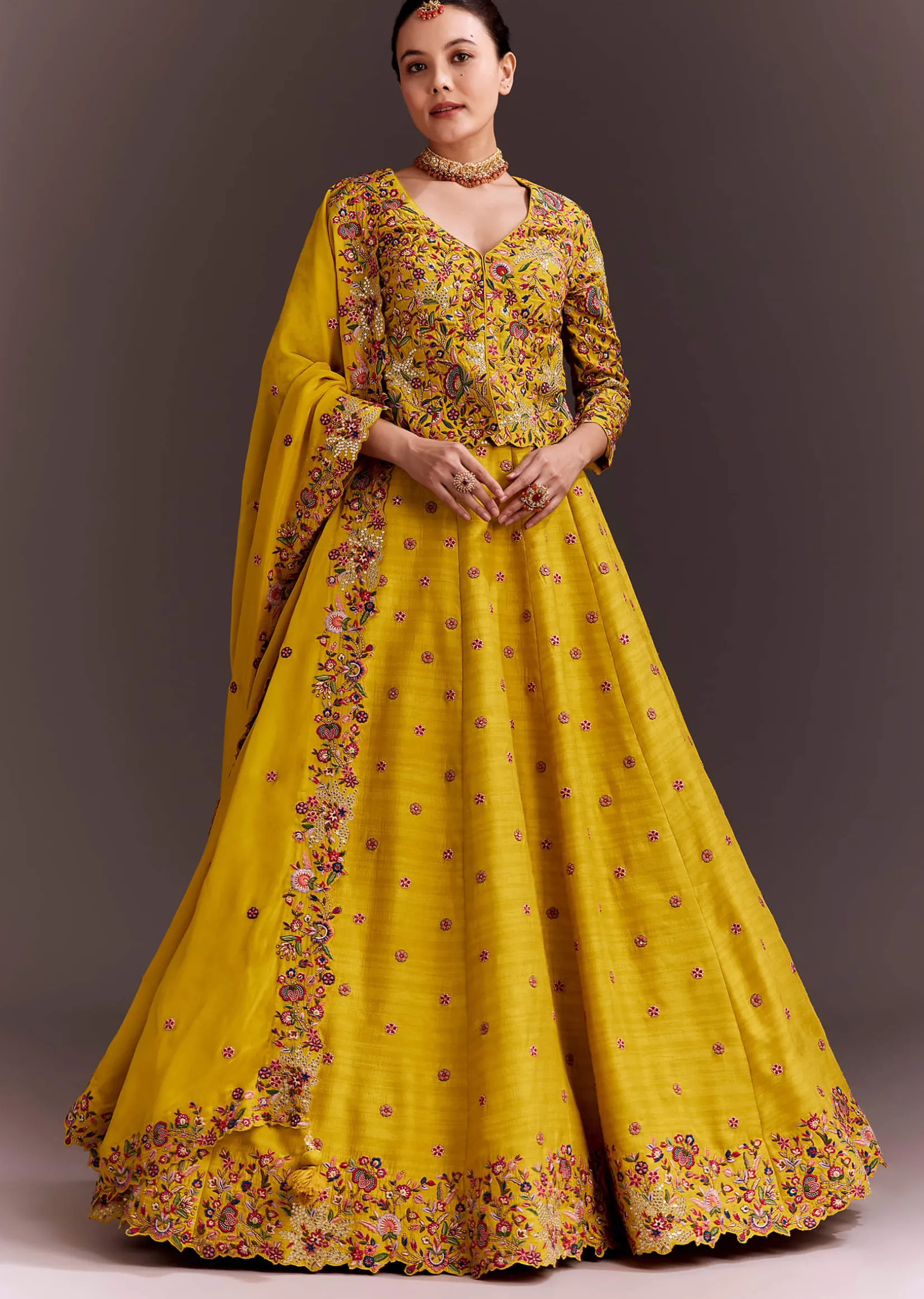 Yellow Embroidered Lehenga Set With Short Kurta And Dupatta
