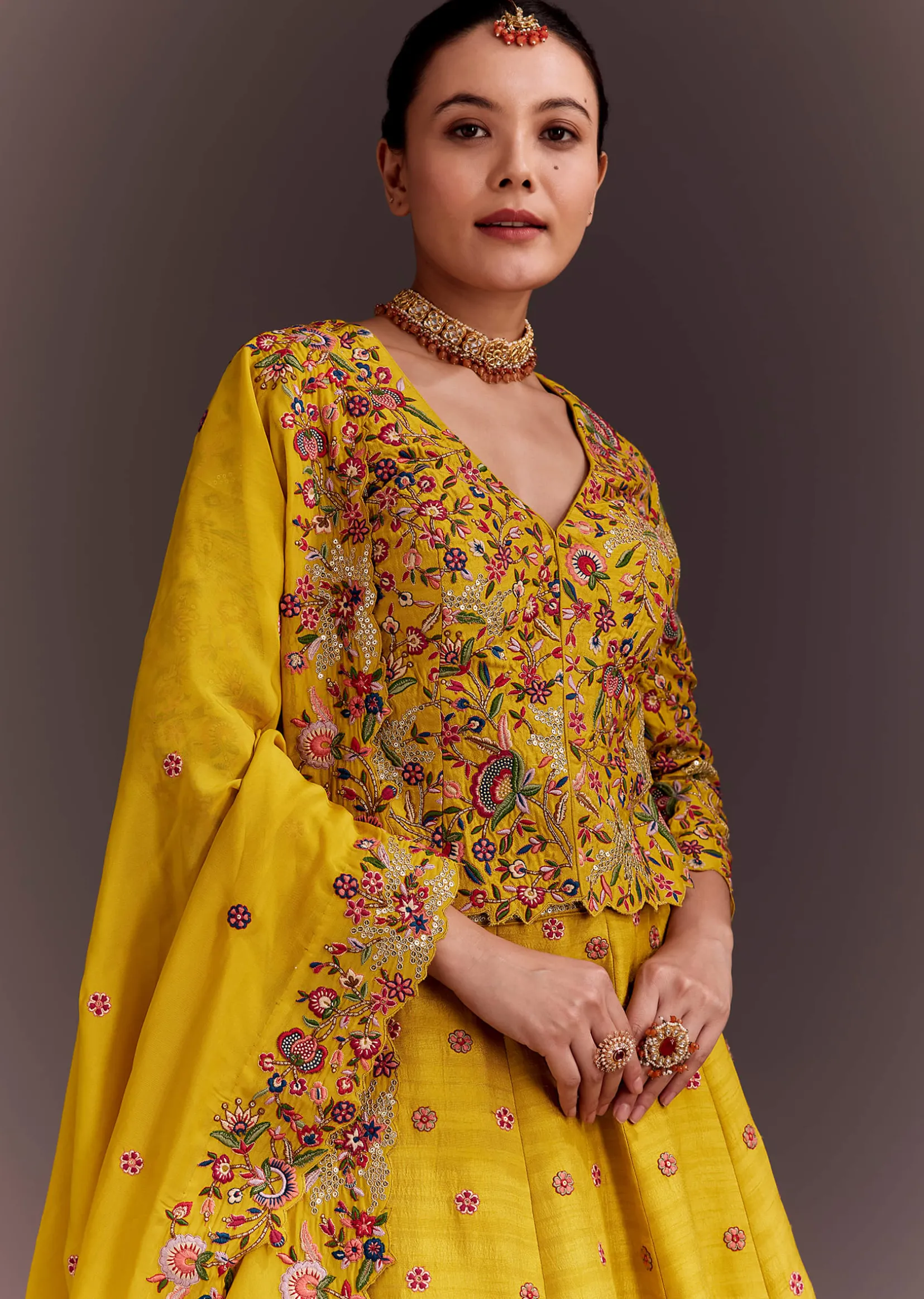 Yellow Embroidered Lehenga Set With Short Kurta And Dupatta