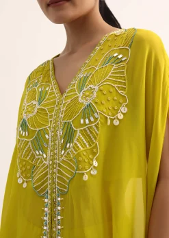 Yellow Embroidered Organza Crop Top Set With Cape
