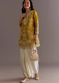 Yellow Embroidered Short Kurta With Silk Satin Dhoti