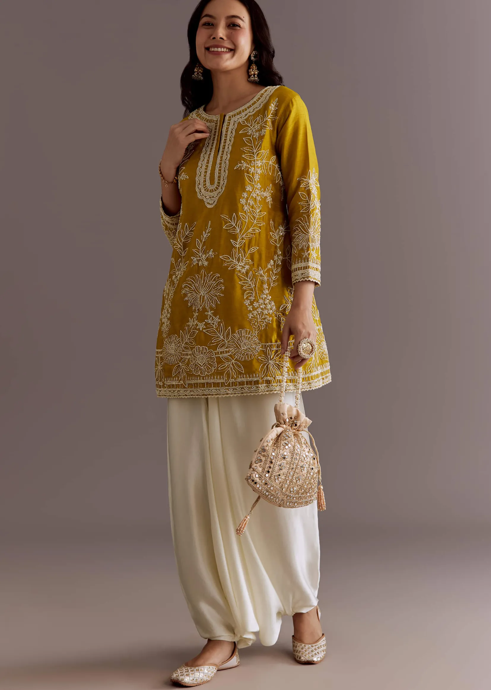 Yellow Embroidered Short Kurta With Silk Satin Dhoti