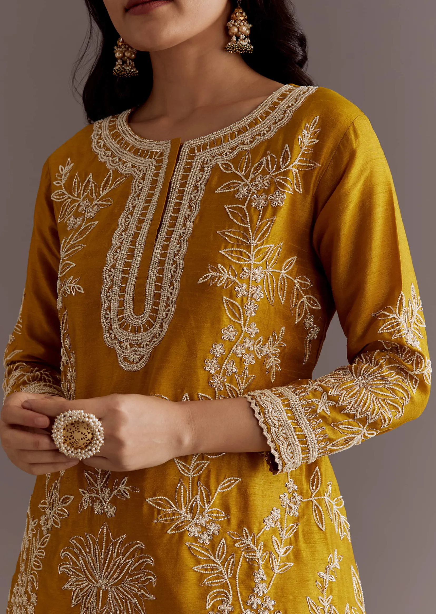 Yellow Embroidered Short Kurta With Silk Satin Dhoti