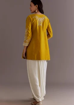 Yellow Embroidered Short Kurta With Silk Satin Dhoti