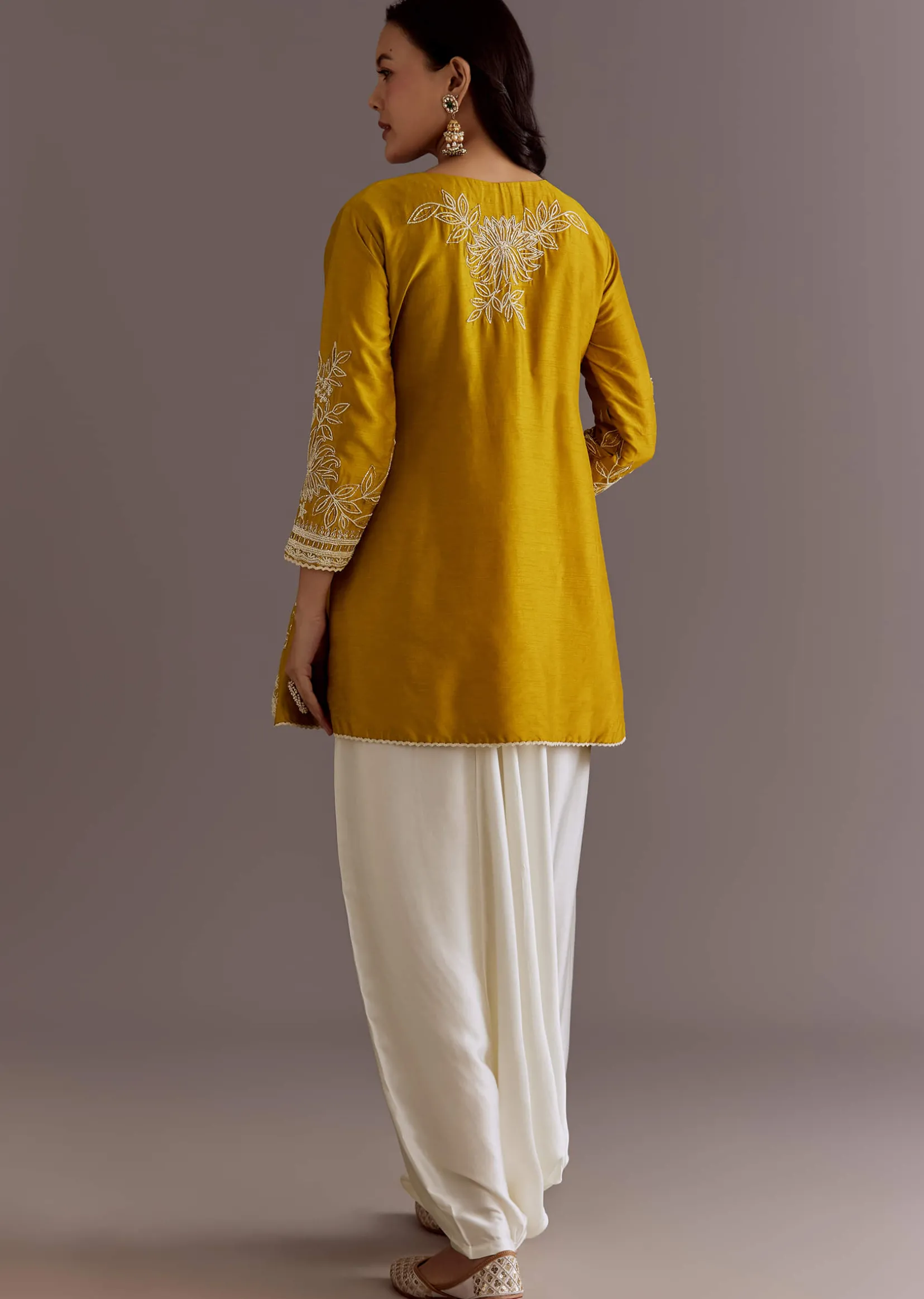Yellow Embroidered Short Kurta With Silk Satin Dhoti