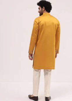 Yellow Embroidered Silk Kurta Set For Men