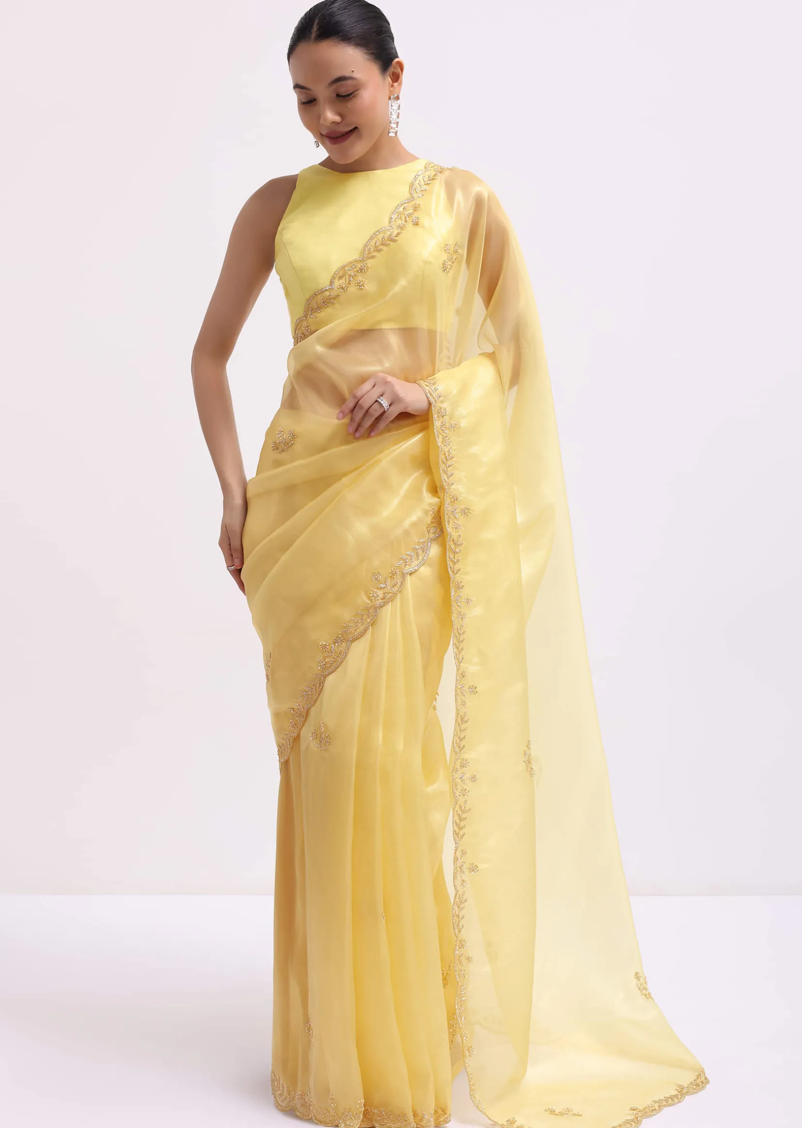 Yellow Embroidered Tissue Saree With Unstitched Blouse