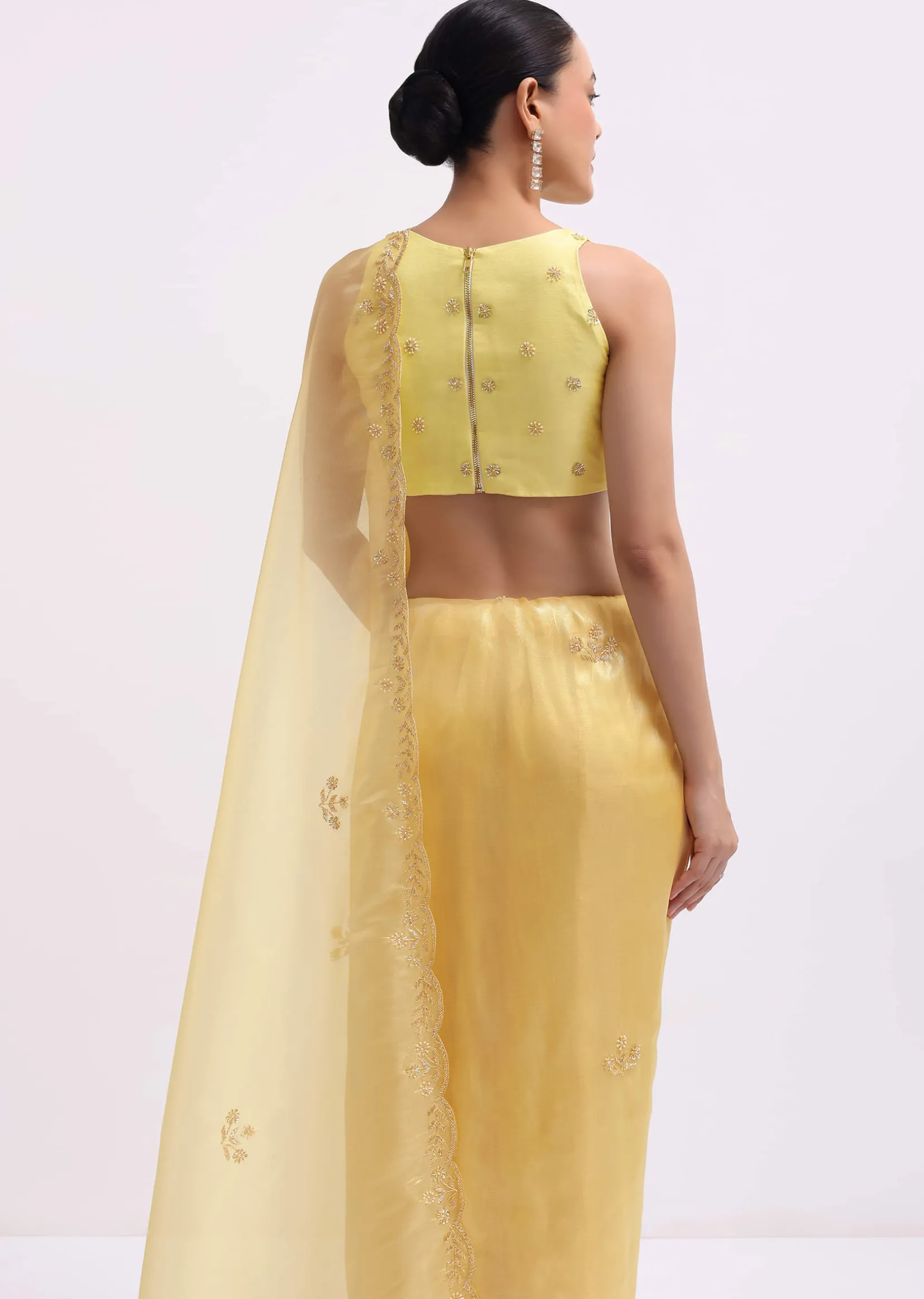 Yellow Embroidered Tissue Saree With Unstitched Blouse