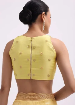 Yellow Embroidered Tissue Saree With Unstitched Blouse