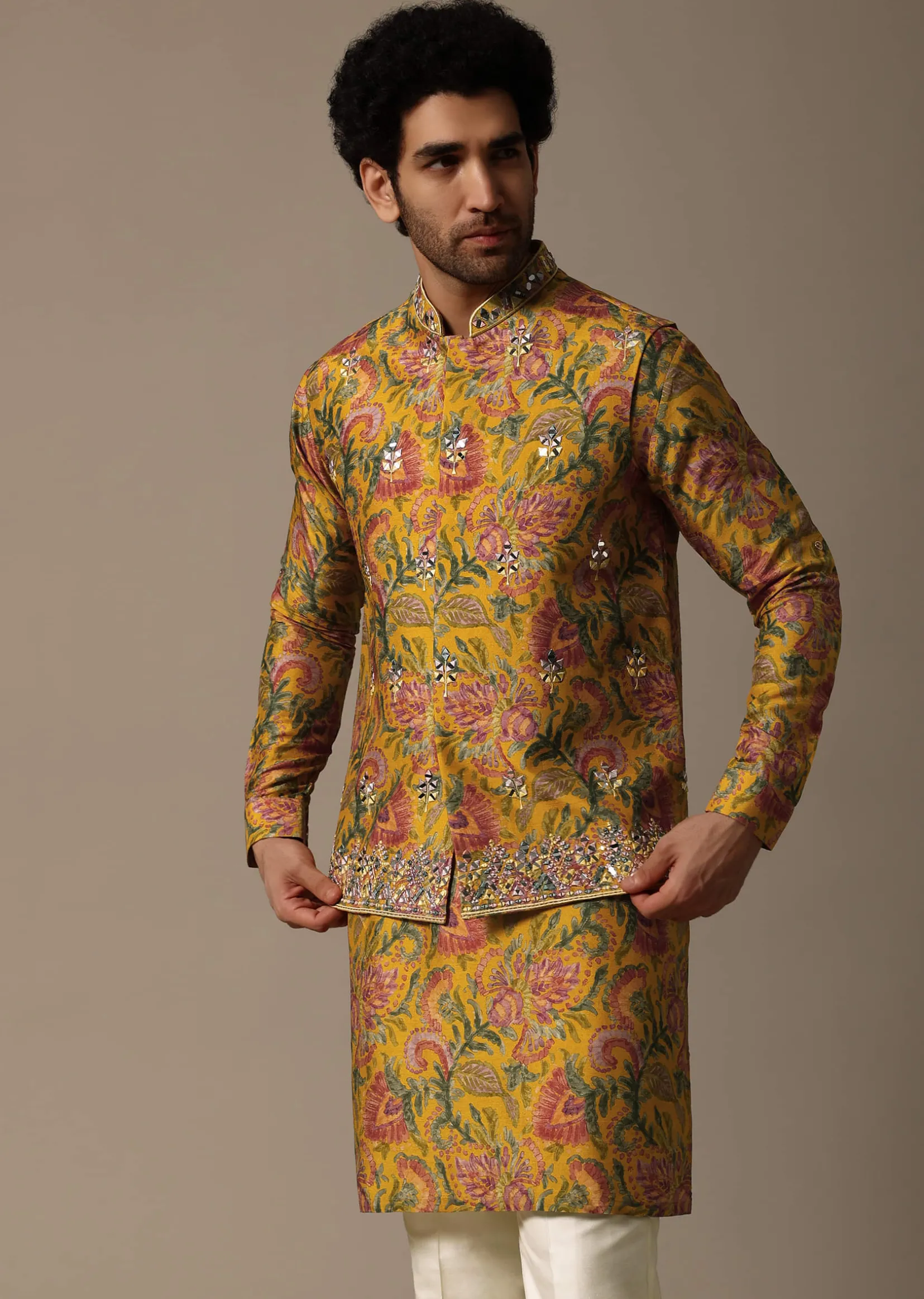Yellow Floral Embroidered Silk Kurta Jacket Set For Men