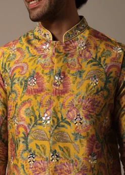 Yellow Floral Embroidered Silk Kurta Jacket Set For Men
