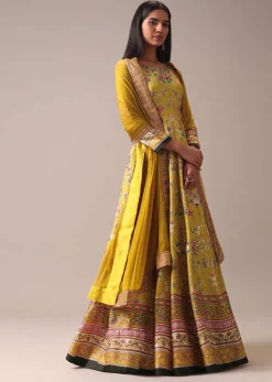 Yellow Floral Printed Anarkali Suit Set In Silk