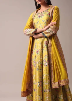 Yellow Floral Printed Anarkali Suit Set In Silk
