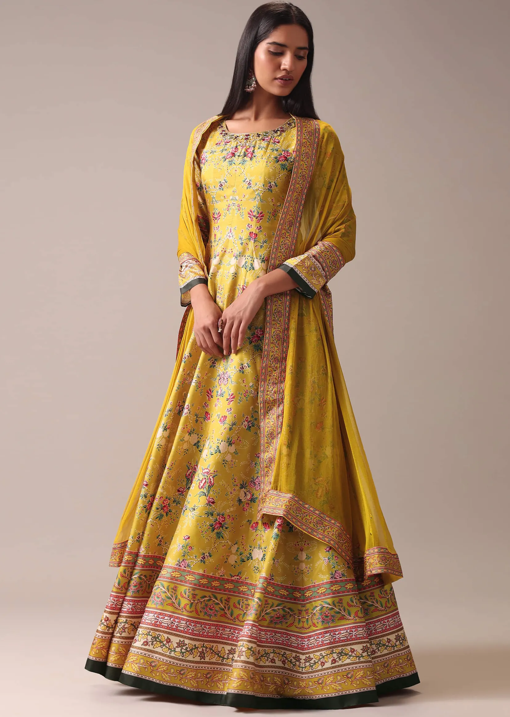 Yellow Floral Printed Anarkali Suit Set In Silk