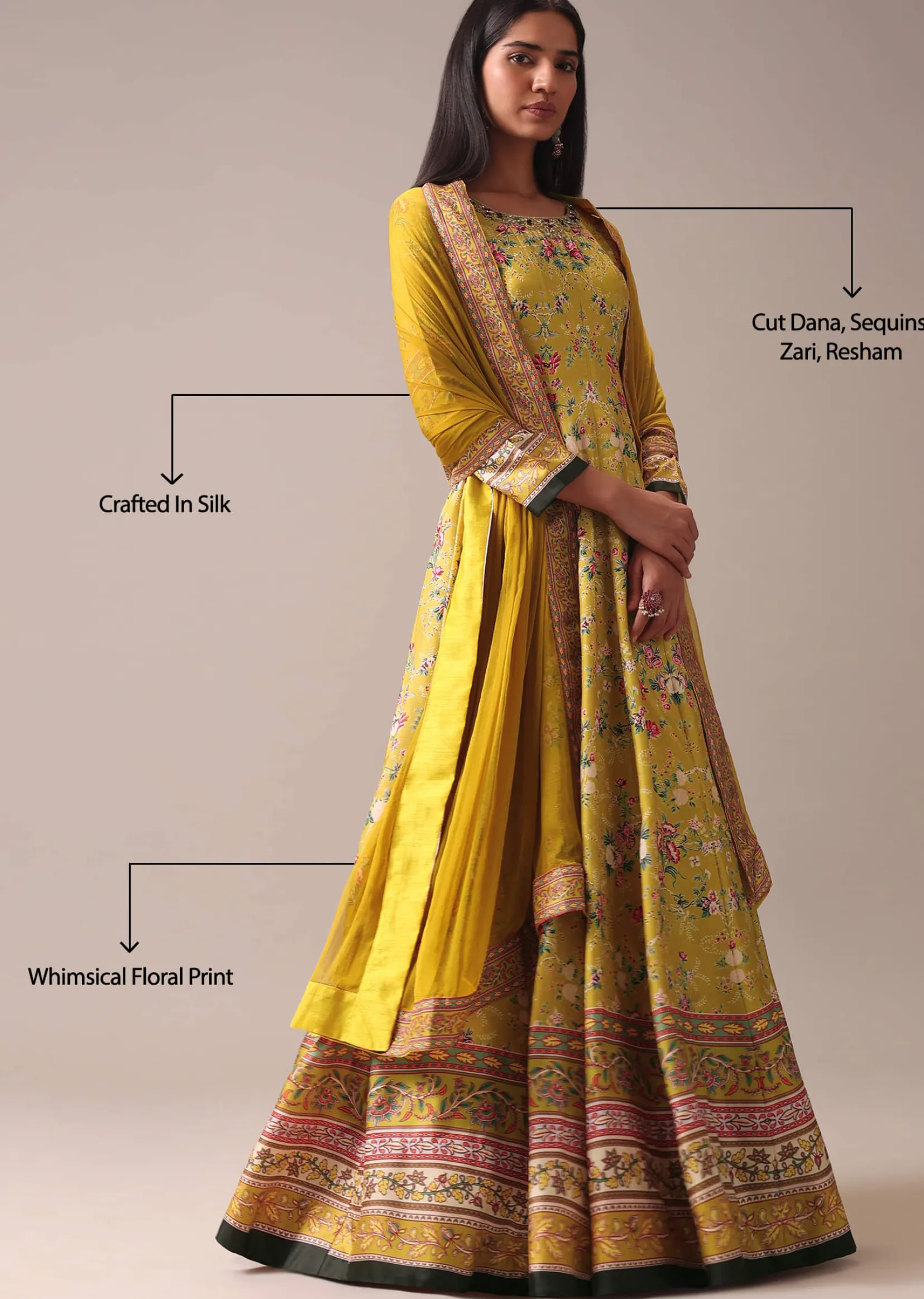 Yellow Floral Printed Anarkali Suit Set In Silk
