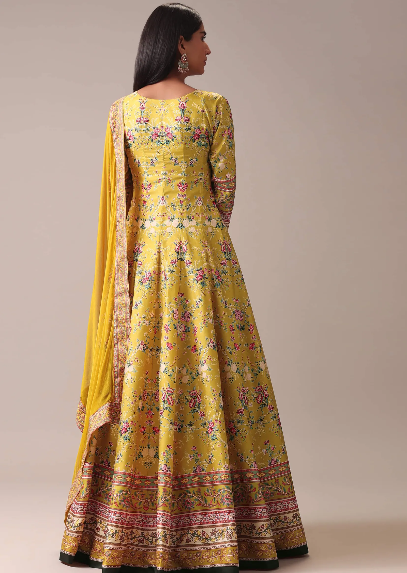 Yellow Floral Printed Anarkali Suit Set In Silk