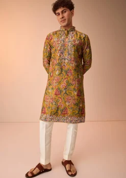Yellow Floral Printed Silk Kurta Set For Men