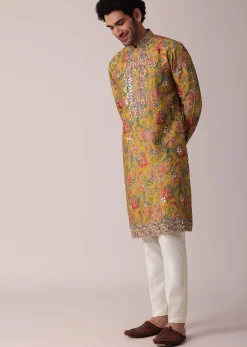 Yellow Floral Printed Silk Kurta Set For Men