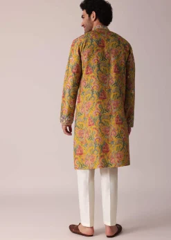 Yellow Floral Printed Silk Kurta Set For Men
