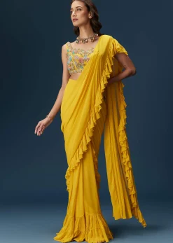 Yellow Frill Saree With Floral Embroidery