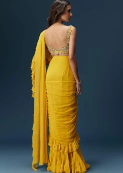 Yellow Frill Saree With Floral Embroidery