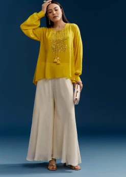 Yellow Georgette Crop Top With Mirror Work