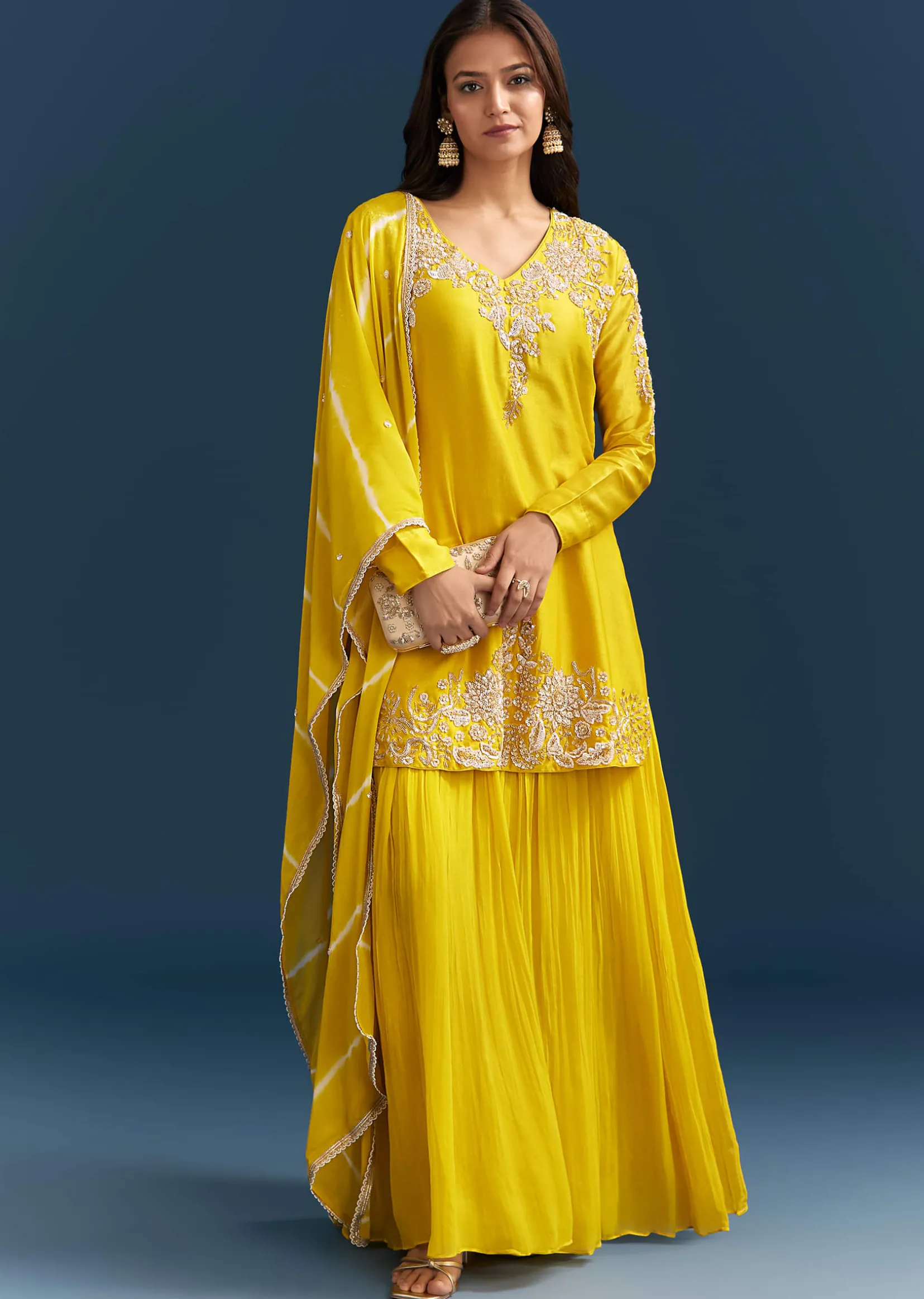 Yellow Georgette Kurta Skirt Set With Sequins Work And Dupatta