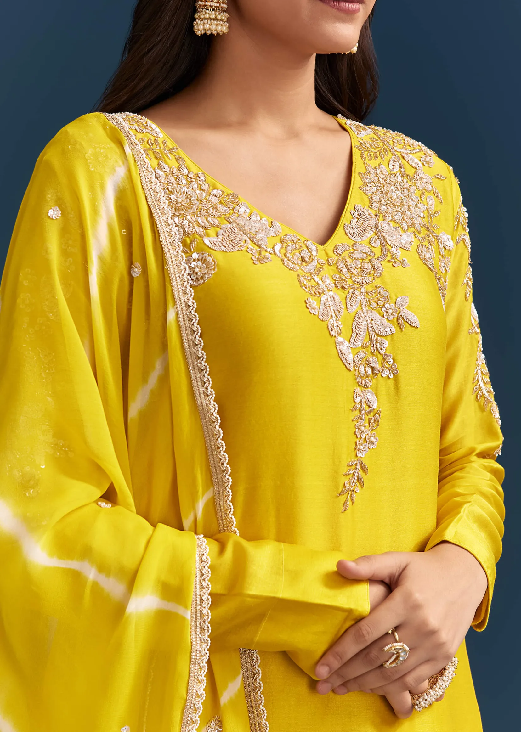 Yellow Georgette Kurta Skirt Set With Sequins Work And Dupatta