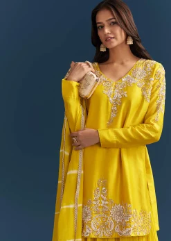 Yellow Georgette Kurta Skirt Set With Sequins Work And Dupatta