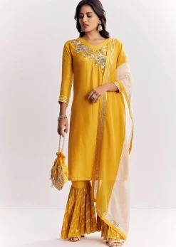 Yellow Gotta Work Kurta Sharara Suit In Russian Silk