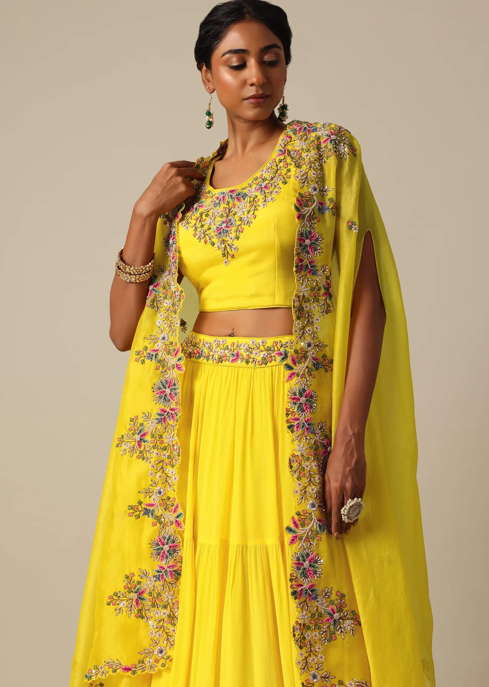 Yellow Hand Embroidered Long Jacket And Lehenga Set