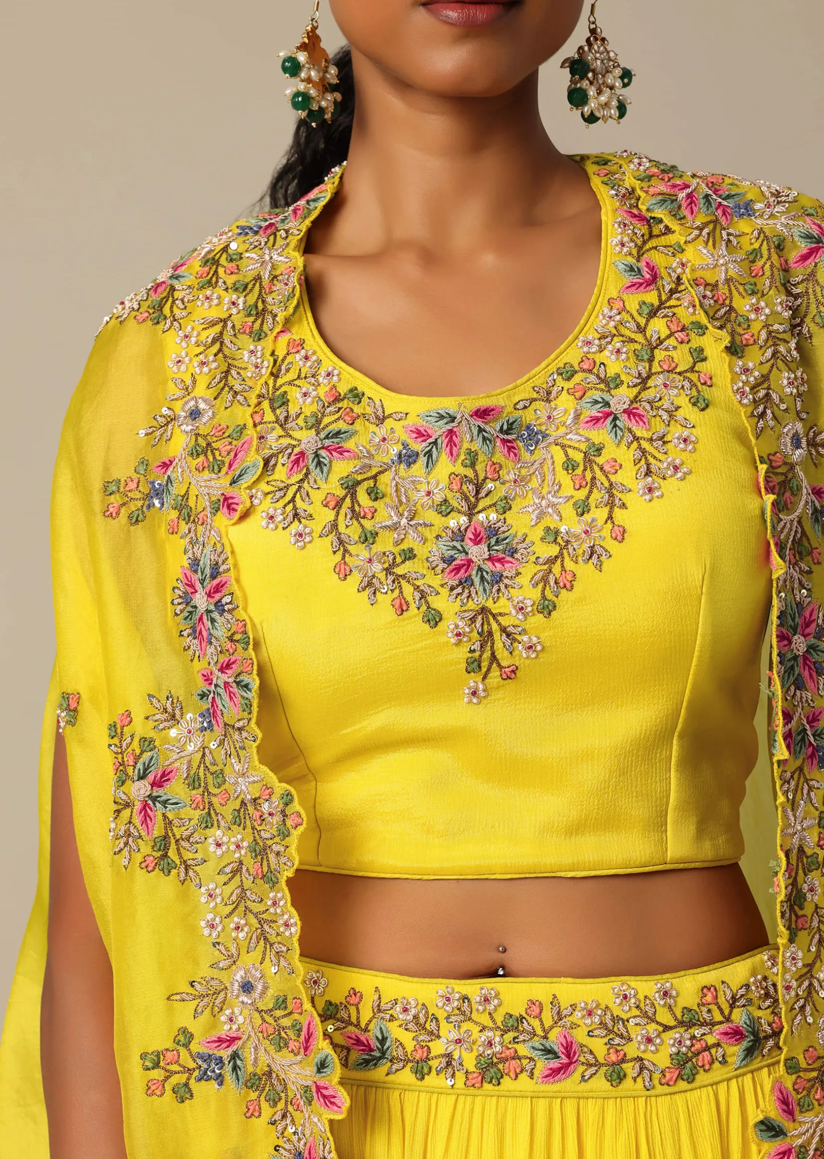 Yellow Hand Embroidered Long Jacket And Lehenga Set