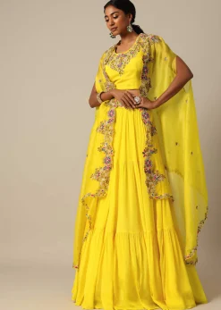 Yellow Hand Embroidered Long Jacket And Lehenga Set