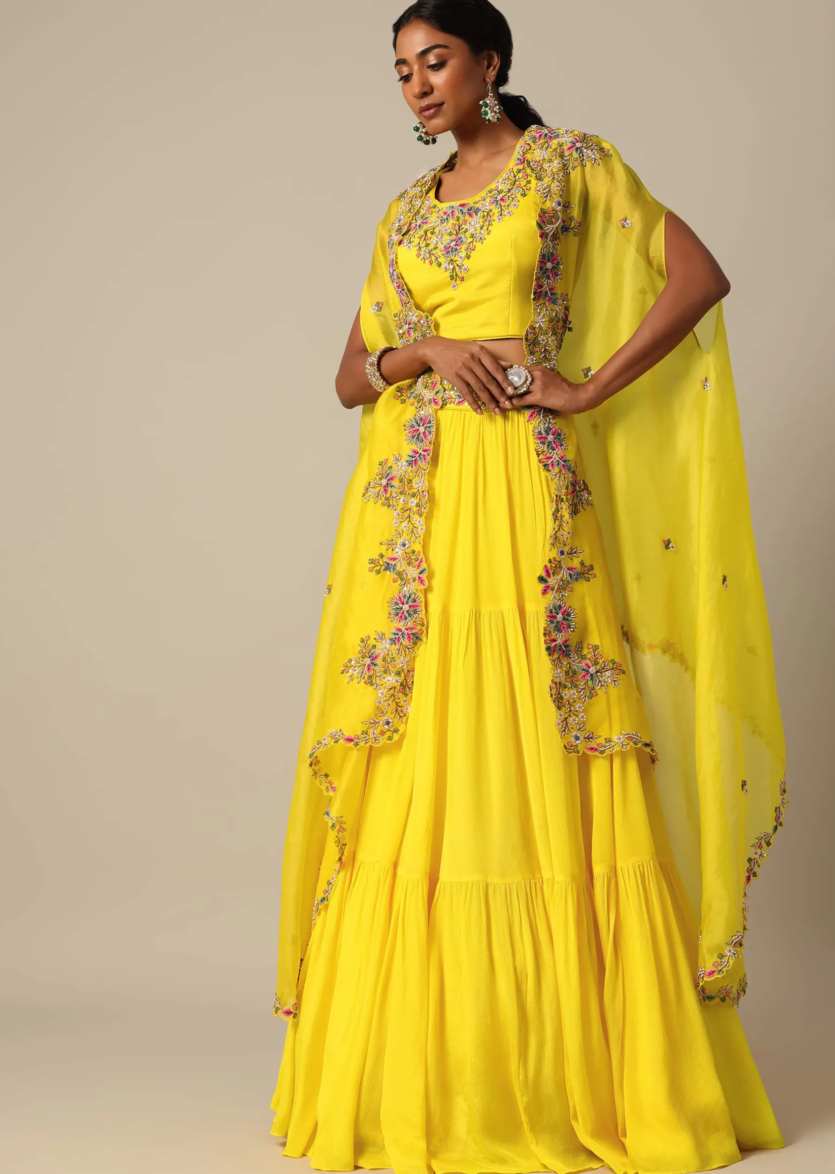 Yellow Hand Embroidered Long Jacket And Lehenga Set