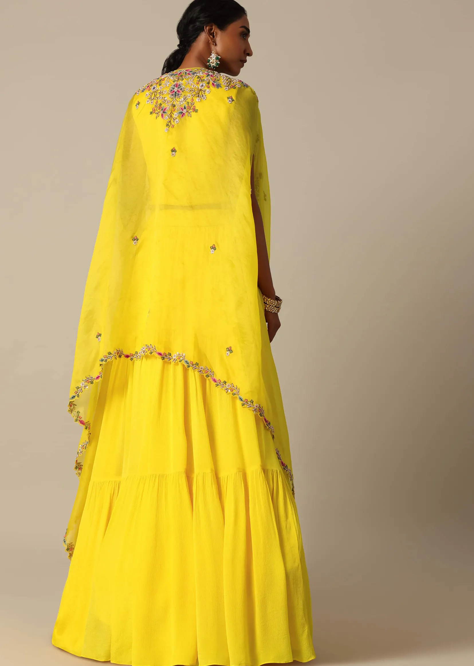 Yellow Hand Embroidered Long Jacket And Lehenga Set